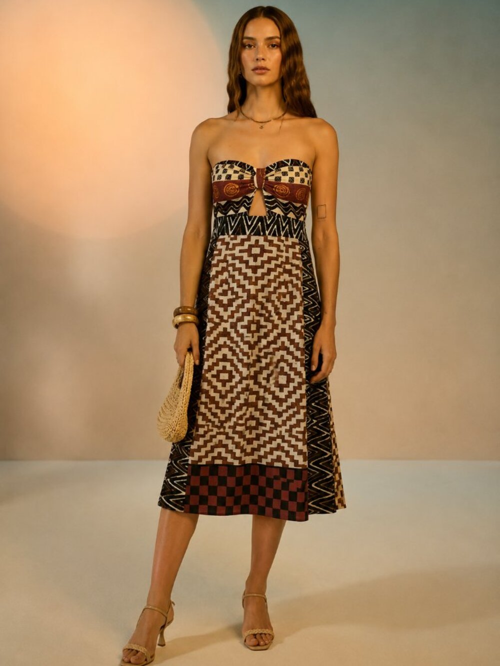 Anthropologie Strapless Midi Dress in Brown, Black, Cream